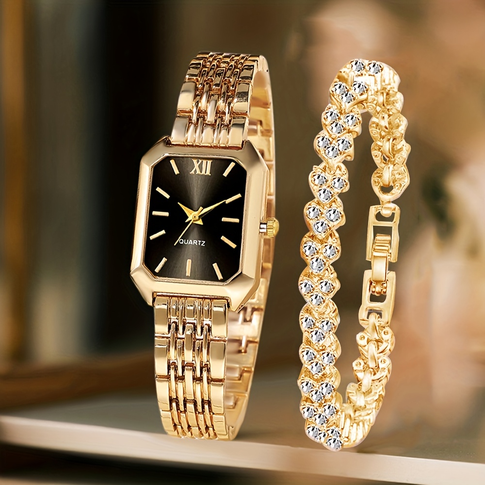 Jewelry Watches For Women - 2-teiliges Modisches Rechteckiges Damen-Quarzuhren-Set mit Strass-Armband,