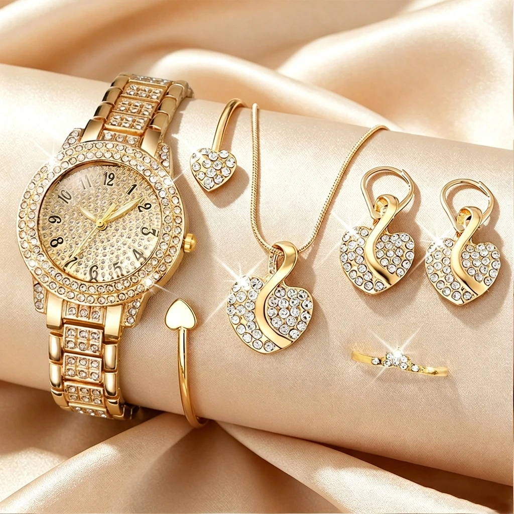 Jewelry Watches Luxury - 6-teiliges Modisches Strass-Uhrenset für Damen Herz-Schmuckset