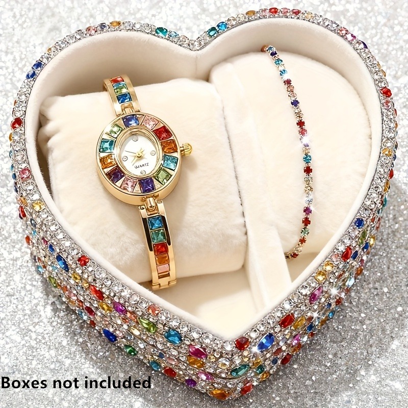 Jewelry Watch Making - 2-teiliges elegantes, farbenfrohes Strass-Quarzuhr-Armband-Set für Damen,